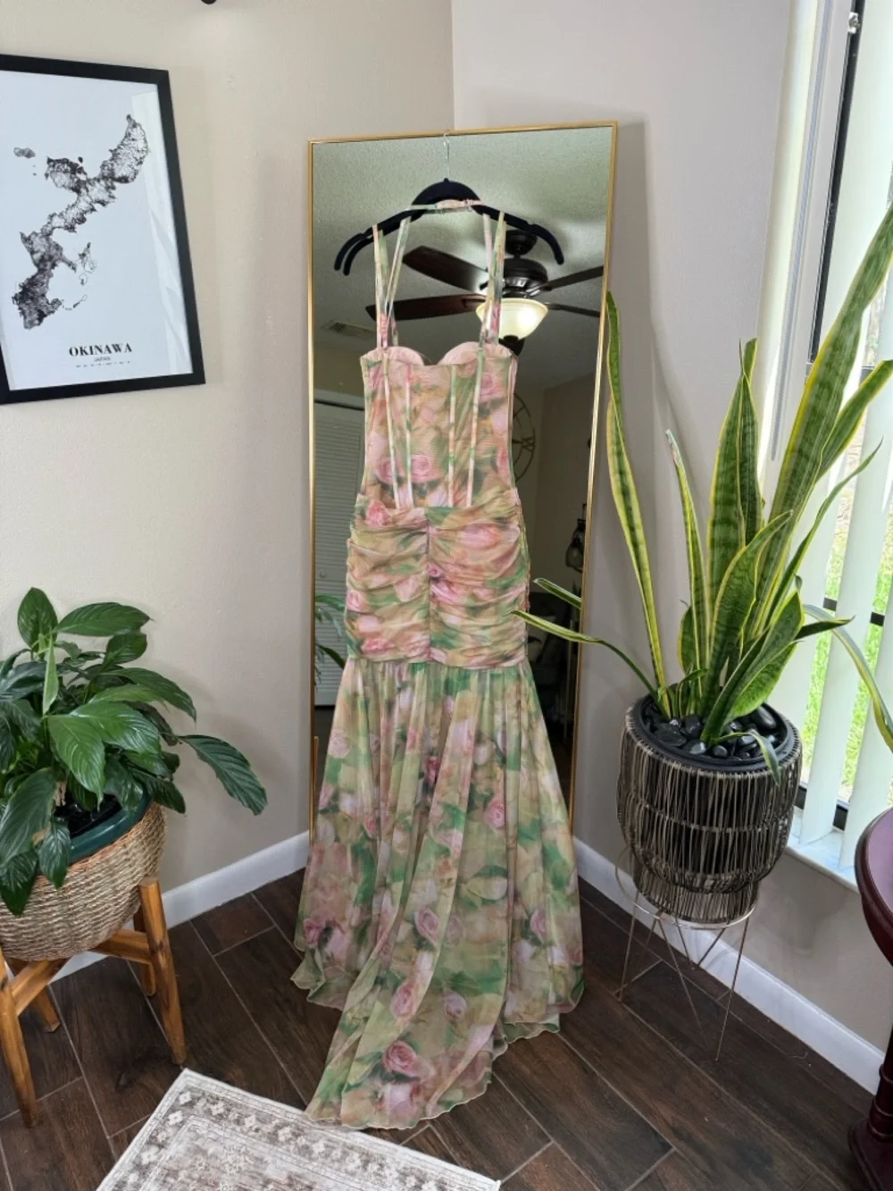 Oh Polly Haruna Ruched Asymmetric Corset Gown in Floral Multi Print - Picture 8 of 8